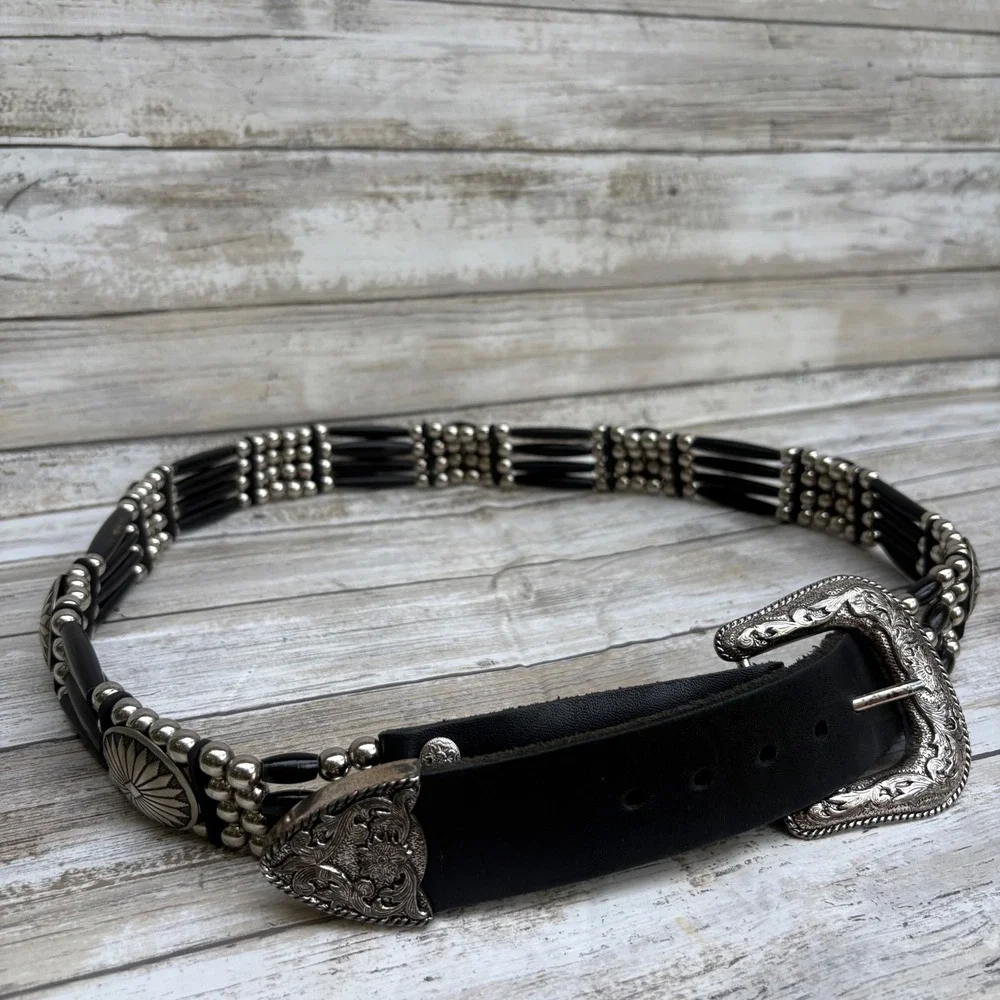 Cactus Mountain Western Belt 38 Handmade Black Silver 4 Strand Bone Beads Concho